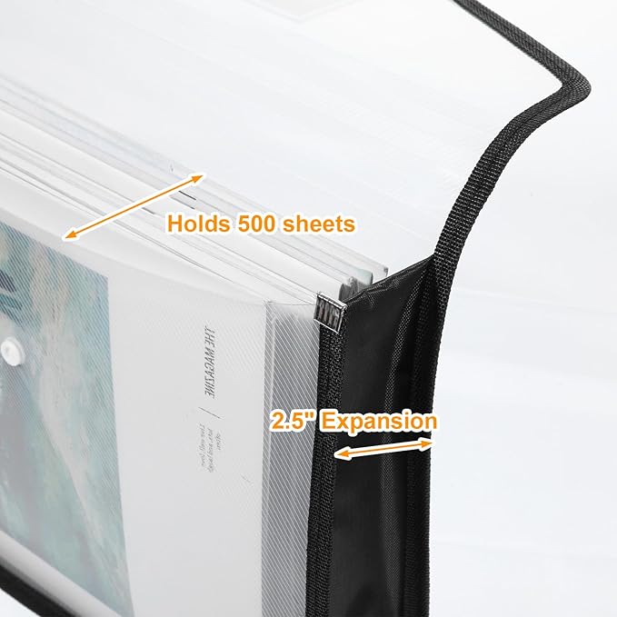 7 PCS Plastic Expanding File Folder Black Transparent Envelopes with Snap Closure File Folder Organizer Holder Large Capacity A4/Letter Size Organizer for School Office Home Storage