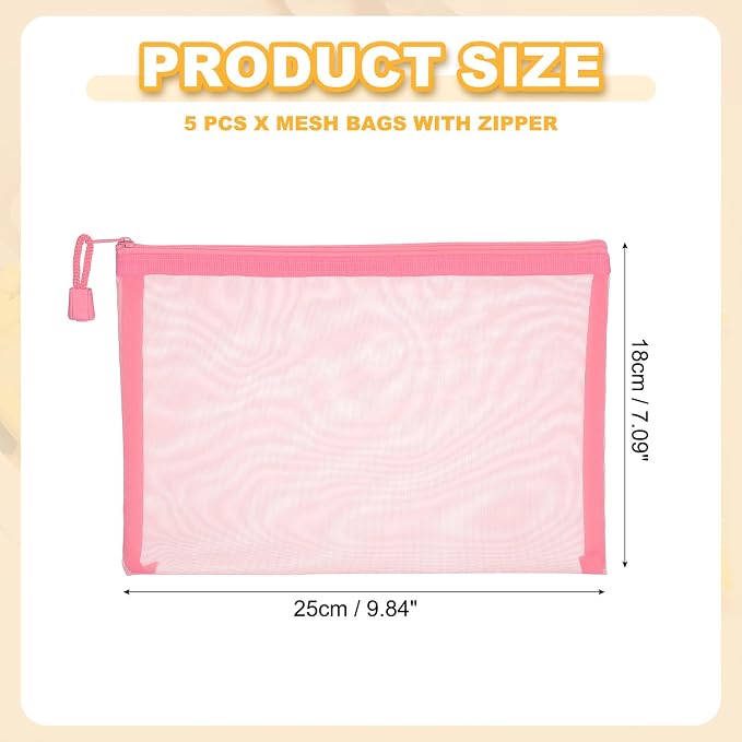 PATIKIL A5 Mesh Zipper Pouch Bags, 5 PCS Mesh Bags with Zipper Plastic Storage Pocket for Organizing File Beads Office Home Supplies, 18x25cm, Pink