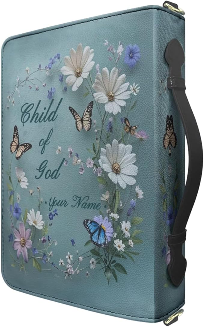 Custom Bible Carrying Case for Women, Personalized Bible Cover with Name, Butterflies and Daisies Print Book Organizer with Strap Handle Inner Pockets and Pen Loop, Biblia Study Supplies