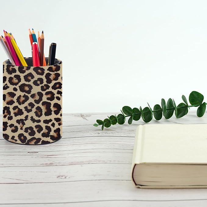 Leopard Print Pen Holder Pencil Organizer Cute Pencil Cup Desk Decor Makeup Brush Holder PU Multifunctional Office Suppliesfor Home Classroom School