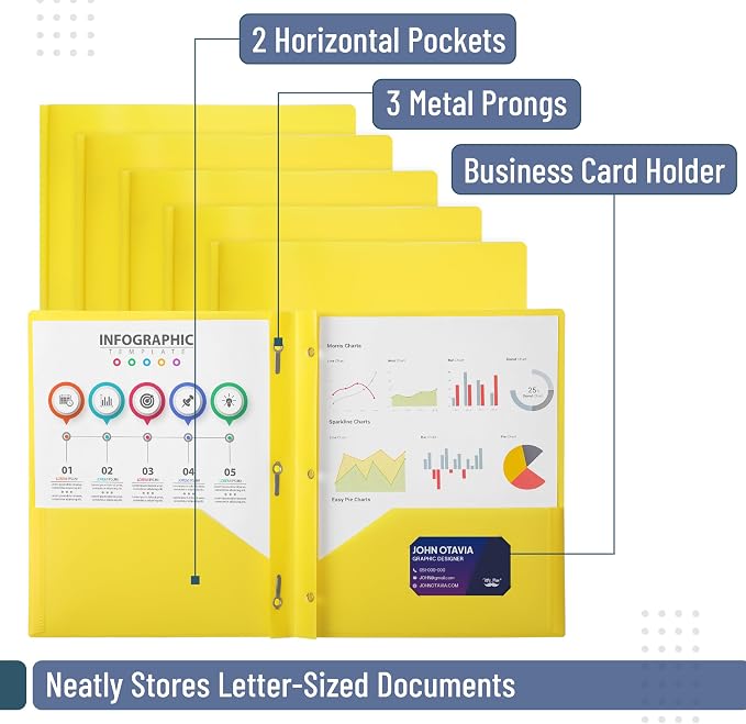 Mr. Pen- Plastic Folders with Pockets and Prongs, 5 Pack, Yellow, Pocket Folders, Folders with Prongs, File Folders with Fasteners, 2 Pocket Folder, Folder with Pockets