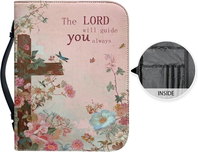 Retro Style Flowers and Cross Bible Case with Bookmark Waterproof Bible Cover Case for Women Lightweight Bible Bag with Handle Pockets Church Book Bag