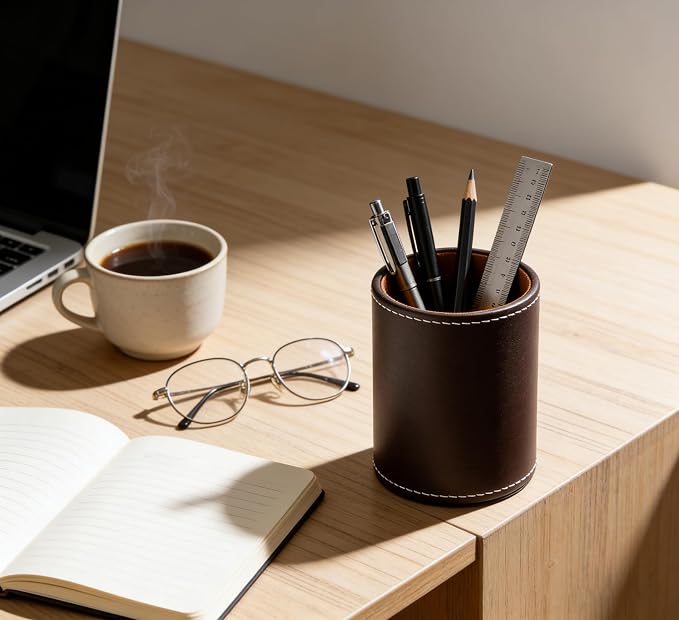 Round Pen Pencil Holder, PU Leather Pencil Cup, Desktop Stationery Organizer, Stand Desk Organizer, Office Accessories Container (Brown)
