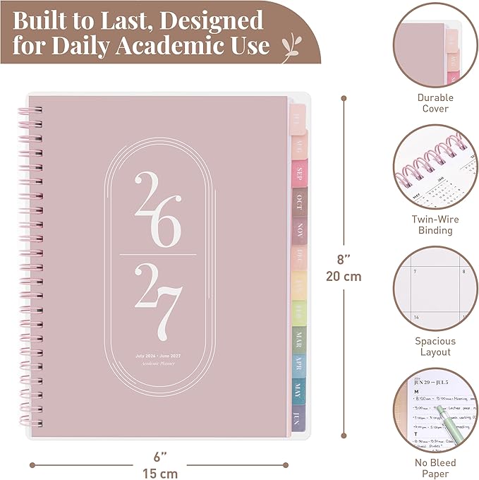 Rileys Academic Planner 2026-2027, Daily, Weekly & Monthly Planner, July 2026 - June 2027, Student Notes Pages, Twin-Wire Binding, Weekly Agenda for School & Work (8 x 6-Inches, Pink)