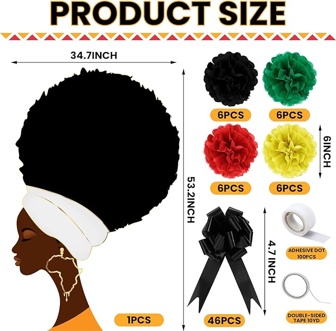 Hahafelt 77 Pcs Large Bulletin Board Decor 34.7 x 53.2 Inches Black Women Portrait Decor 6 Inch Paper Flowers 4.7 Inch Pull Bows for Classroom African American Celebration(Black History Month Green)
