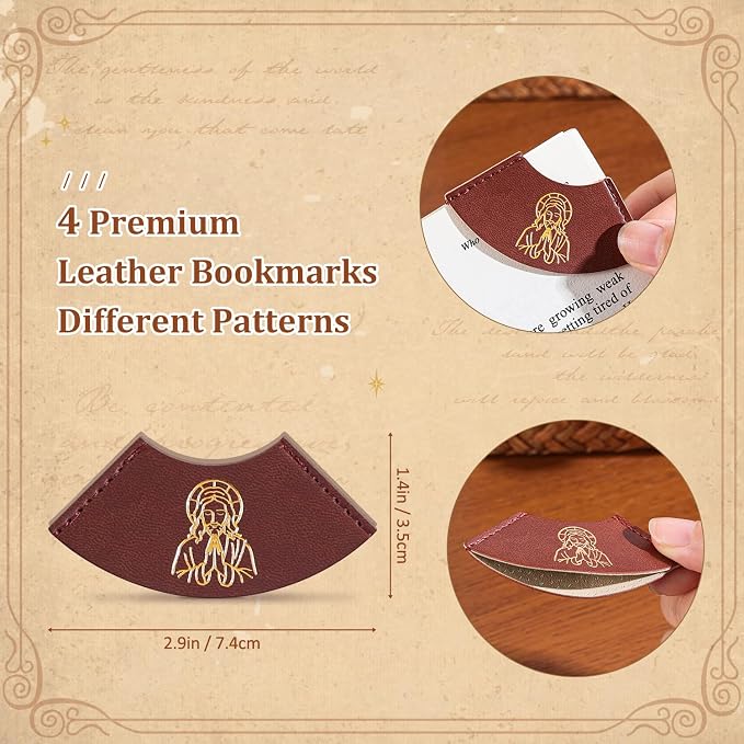 4 PCS Vintage Leather Bookmarks, Bible Bookmarks with Gold Stamping, Christian Book Mark Gift for Bible Study & Journaling, Cute Page Markers for Book Lovers Women Girls