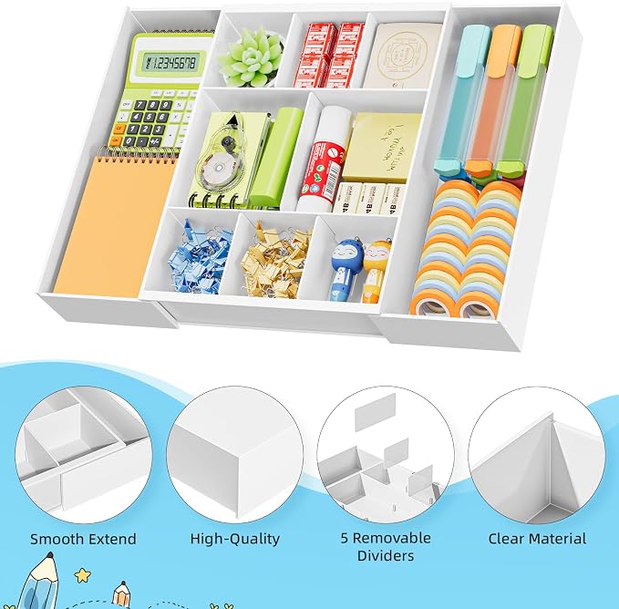 Marbrasse Expandable Desk Drawer Organizer, Clear Plastic Drawer Organizer Tray with 10 Adjustable Compartments, Desk Organizers and Accessories, 5 Drawer Dividers for Office Supplies, Makeup(White)