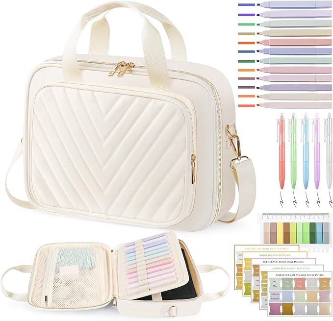 Bible Cover Case for Women, Large Bible Bag with Study Supplies & Shoulder Strap, White Travel Bible Case for Girls, Book Carrying Case with Tabs Ideal Christian Gifts for Women Friends