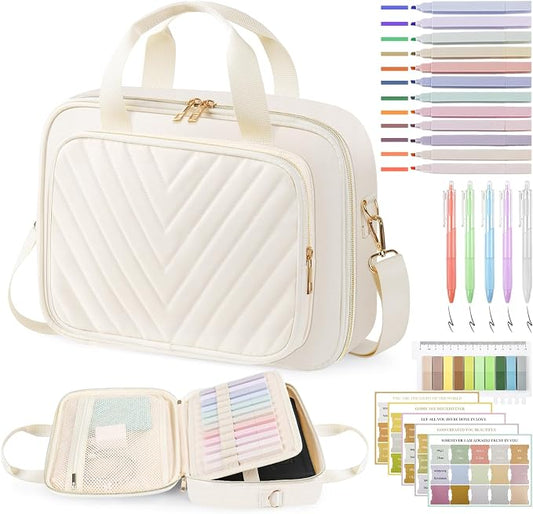 Bible Cover Case for Women, Large Bible Bag with Study Supplies & Shoulder Strap, White Travel Bible Case for Girls, Book Carrying Case with Tabs Ideal Christian Gifts for Women Friends