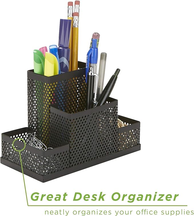 Mind Reader Desk Organizer [4-Compartment, 2-Piece Same Set] - Supplies and Accessories Storage Organizer for Office Desk with Pencil and Pen Cup and Paper Clip Holder (Black)