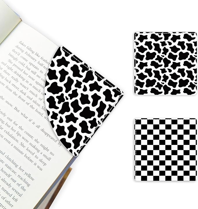 2 Pack Black and White Checkered&Cow Leather Book Corner Bookmark, Durable Handmade Reading Accessories - Gifts for Readers, Women, Men, Teachers, Students