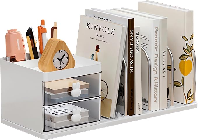 Desk Organizer with Bookends, Desktop Storage Box with 2 Drawers 3 Top Compartments and 4 Bookends, Multi-Functional Desk Accessories Organizer for Home Office School Supplies (White)