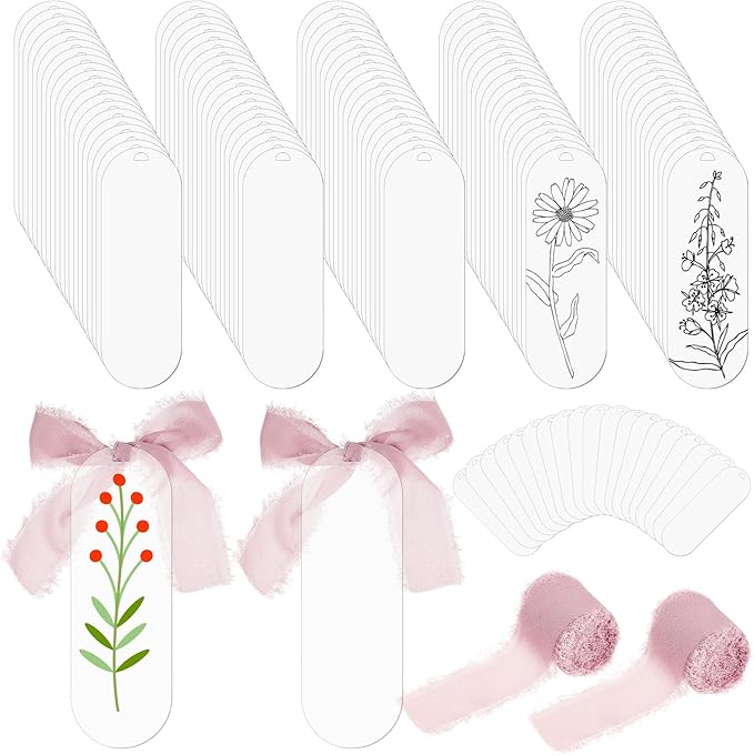 Yeaqee 100 Pcs Acrylic Bookmark Blanks Clear Bookmarks Acrylic Tags with 2 Rolls Ribbon DIY Craft Transparent Bookmark for Reading Lovers for School Presents(6 x 2 Inch,Dusty Pink)