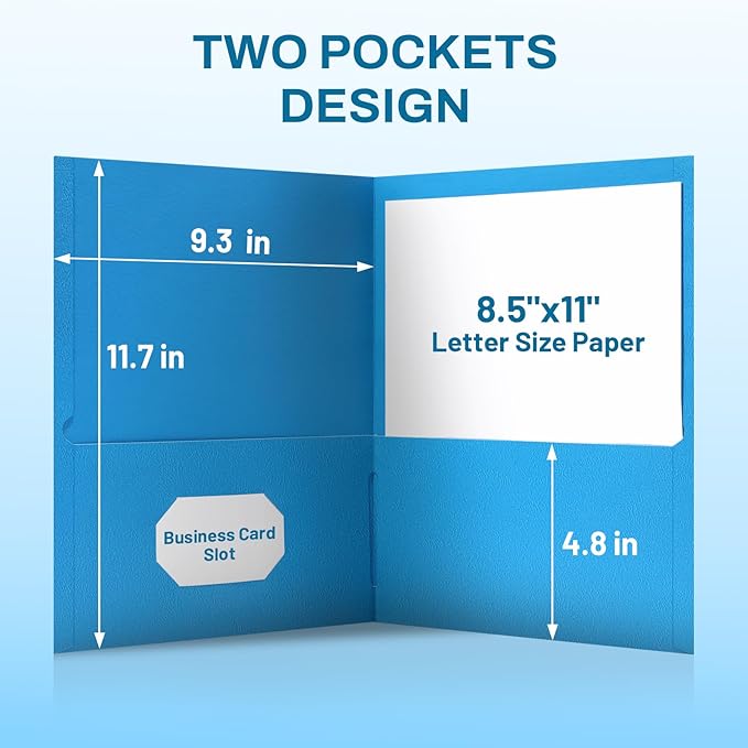 SUNEE Two Pocket Folders, 50 Pack File Folders with Business Card Slot, Textured Paper, Fit Letter Size Paper, Paper File Folder for School Office Home Business, Blue