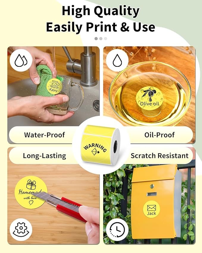 Phomemo Thermal Sticker Label for M110/M100/M220/M250/M108 Label Printer, 1.96" x 1.96"(50x50 mm), Black on Yellow, 140 Labels/Roll, for Barcode/Address/Mailing/Logo/Business/Home Tag