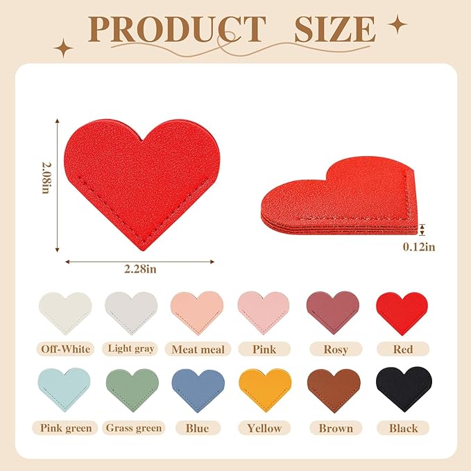 36 Pcs Leather Heart Bookmarks - 12 Colors Cute Corner Page Book Marks for Women, Students, Teachers, Book Lovers, Reading Accessories, Unique Gifts for Readers (3 of Each Color)