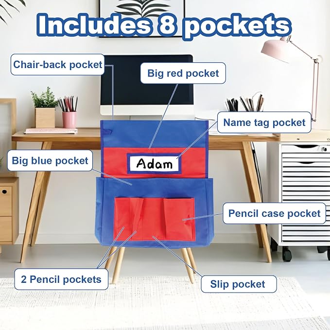 4 Pack Chair Pockets for Classrooms, 17.2"x19" Seat Sacks for Classroom Chairs K-2, Heavy Duty Back of Chair Organizer Pocket with Name Tag Slot for Supplies, Books, Storage