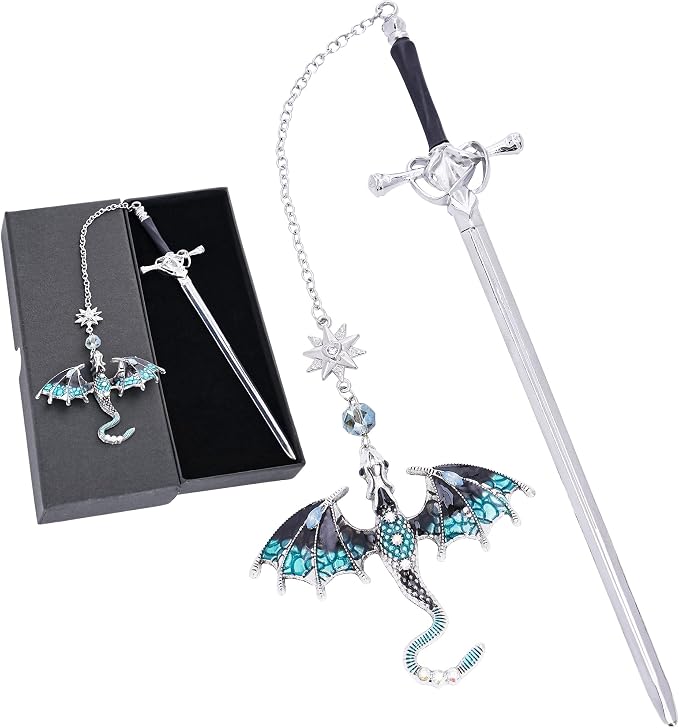 Fantasy Fourth Wing Bookmark - Sward Dragon Book Mark for Men Vintage Tassel Metal Pendant Antique Silver Blue Book Marker Reading Lovers Gifts Birthday Teacher Readers