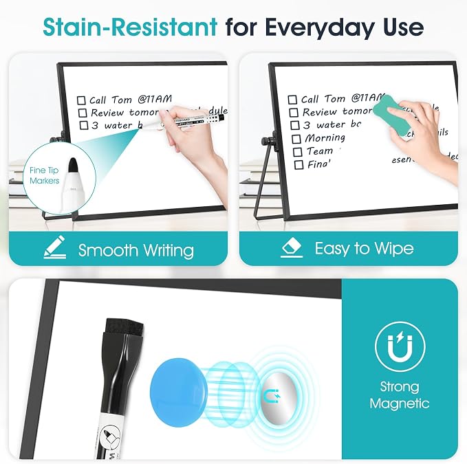 Dry Erase White Board, WALGLASS 12" x 8" Small Desktop Whiteboard with Stand, Double-Sided Magnetic Whiteboard, Portable Dry Erase Board for Kids Drawing, Study, Home, Office, School (Black)