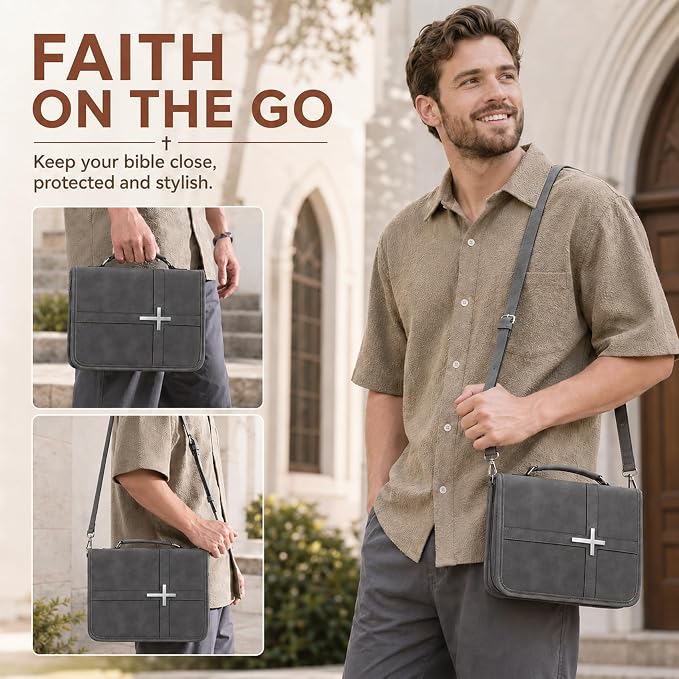 Bible Cover for Men and Women, PU Leather Large Bible Bag with Handle & Shoulder Strap, Bible Carrying Case with Cross Design and Pockets for Church, Bible Study & Christian Gifts, Black