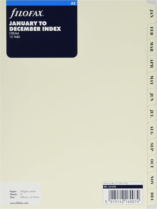 Filofax Organizer/Clipbook Refill Accessory, A5 Size, January to December Monthly Index Divider Set, 12 Tabs, Luxury Cotton Cream (B341693)