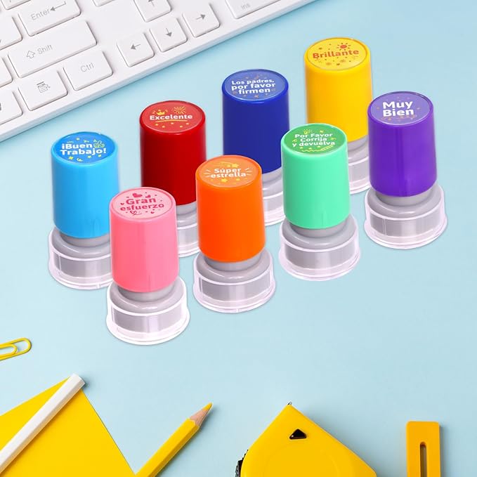 Fancy Land Teacher Stamps Spanish Self Inking Stamp for Classroom Grading Stamps Gift Set Motivation Stampers for Teachers Students Signature Homework Test Reward Supplies School 8pcs