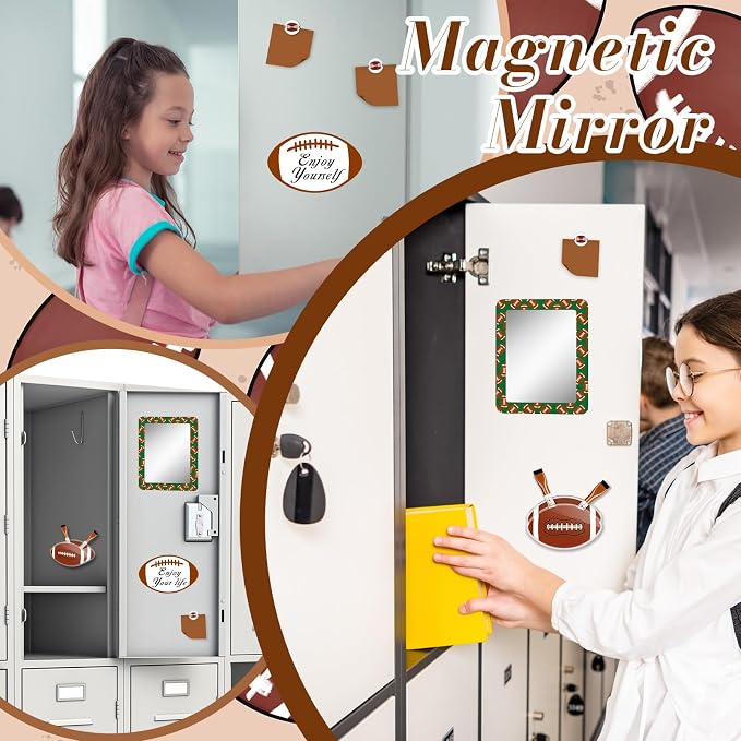 Demonwer 12 Pcs Locker Accessories Kit Rugby Themed Magnetic Whiteboard Mirror Pen Holder for Back to School Essentials Locker Decorations