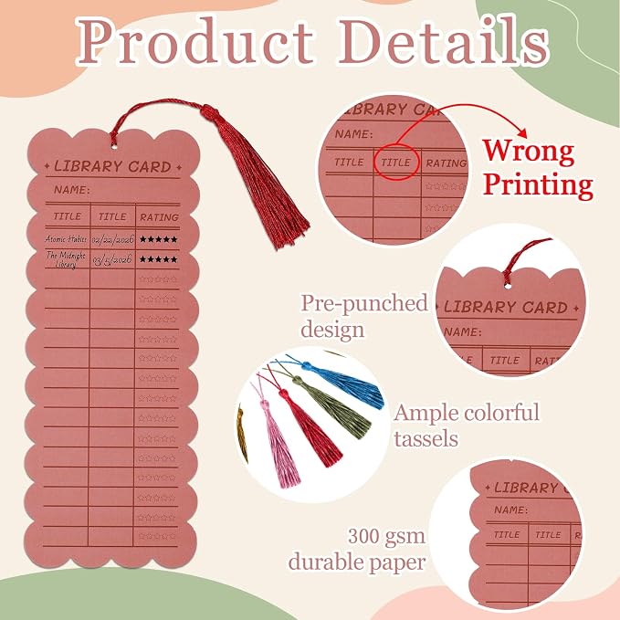 50 PCS Reading List Bookmarks Book Tracker with 50 Bookmark Tassels, 3 x 8 Inch Morandi Library Card Reading Log Bookmark for Teachers Women Book Lovers (Morandi)