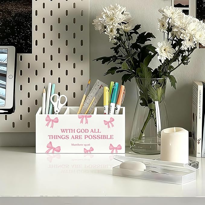 Coquette Pink Bow Christian Pen Pencil Holder for Desk, Christian Gifts for Women, With God All Things Are Possible Wooden Box Sign Decorations for Girly Room Bedroom Dorm Office Desk Tabletop