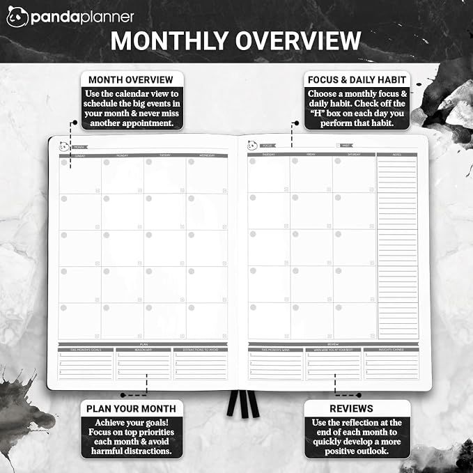 Panda Planner Weekly 2026, Undated Weekly Planner for Office, School & Home – 8"x11" Soft Vegan Leather Organizer Notebook with To-Do Lists, Habit Tracker, Notes & Agenda – Black