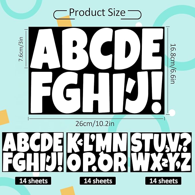 504 PCS Bulletin Board Letters 42 Sheets Large Letter Stickers Vinyl Waterproof Self-Adhesive Alphabet Sticker Letters for Poster Board Display Classroom School Mailbox Home Decor (3 Inch, White)