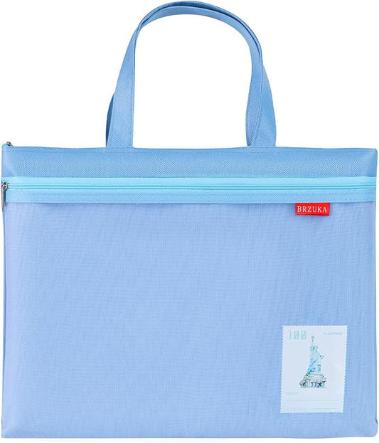 Mesh Zipper Pouch 11x13.7 in, A4 Double Pocket Waterproof File Bag with Handle, Document Storage for School/Travel/Office/Cross Stitch/Puzzle (Blue)