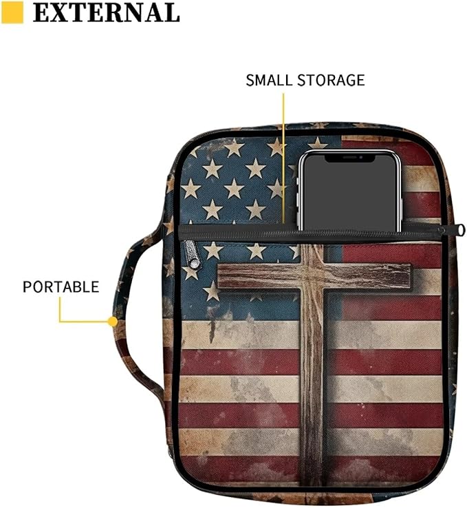 Suobstales American Flag Cross Print Bible Covers for Women Men Bible Case Bible Bag Bible Accessories with Handle and Zippered Pocket Bible Tote Bag for Women Men