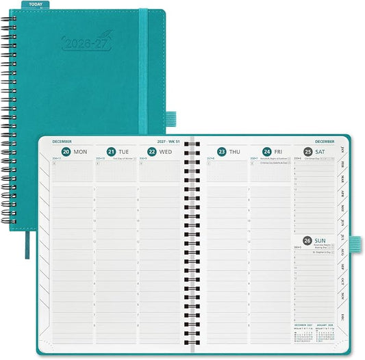 BEZEND Weekly Planner 2026-2027 (8.5" x 11") with Hourly Timeslots (Jul 26-Dec 27) 18 Months Academic Calendar & Monthly Tabs, for Students, Work & Home, Spiral PU Leather Softcover -Turquoise