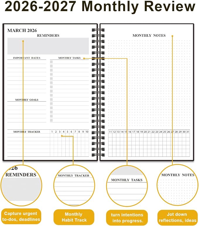 Monthly Planner 2026-2027 – Monthly Calendar from July 2026 to December 2027, 18 Month Planner with Spiral Binding, Inner Pocket, Elastic Closure, 5.8" x 8.5", Black