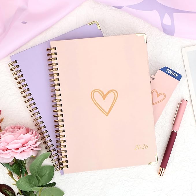 2026 Planner, Jan.2026 - Dec.2026 Weekly Monthly Planner 6.25"x8.5" with Page Tabs, Calendar Hardcover with Inner Pocket, Elastic Band, Twin-Wire Binding, Bookmark, Pink Love Heart