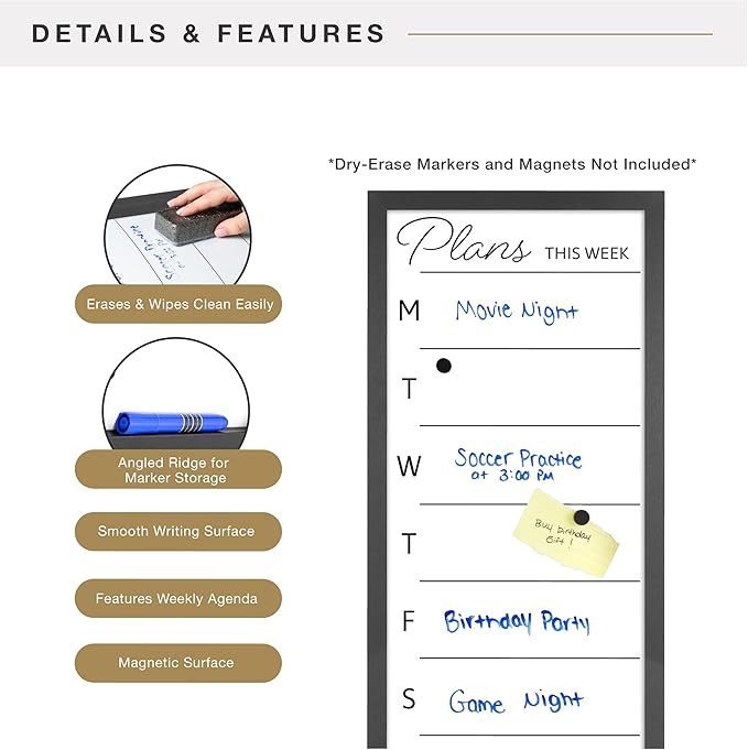 MCS Dry Erase Weekly Planner 14x30 Black Framed Calander Whiteboard for Wall, Plan Your Week with Family Weekly Planner for Dinners, Sports, Events & More