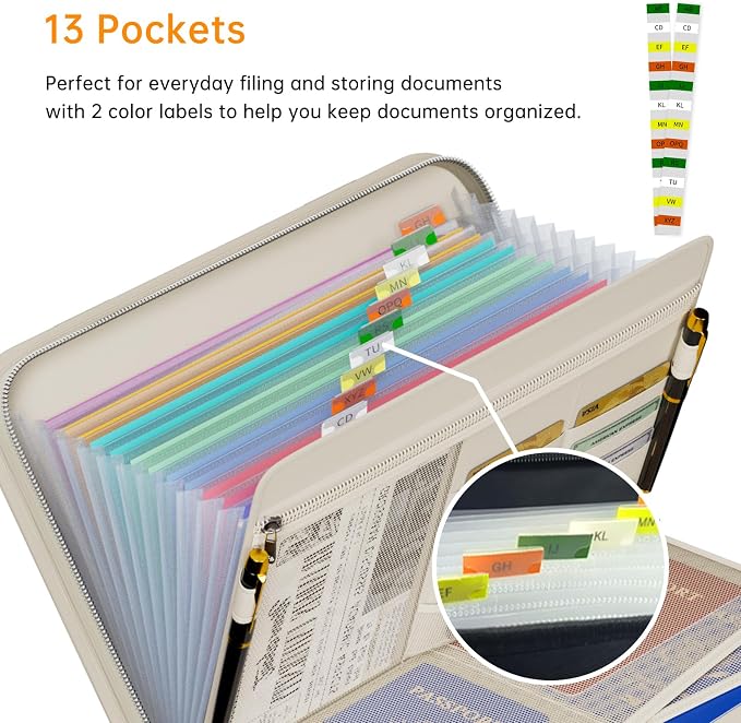 Tamfile Fireproof Accordion File Organizer with Handle, 13 Pocket Expanding File Folder with Zipper & Labels, File Folder with Multi-Pockets Paper Organizer Folder for Letter A4 Files, Beige