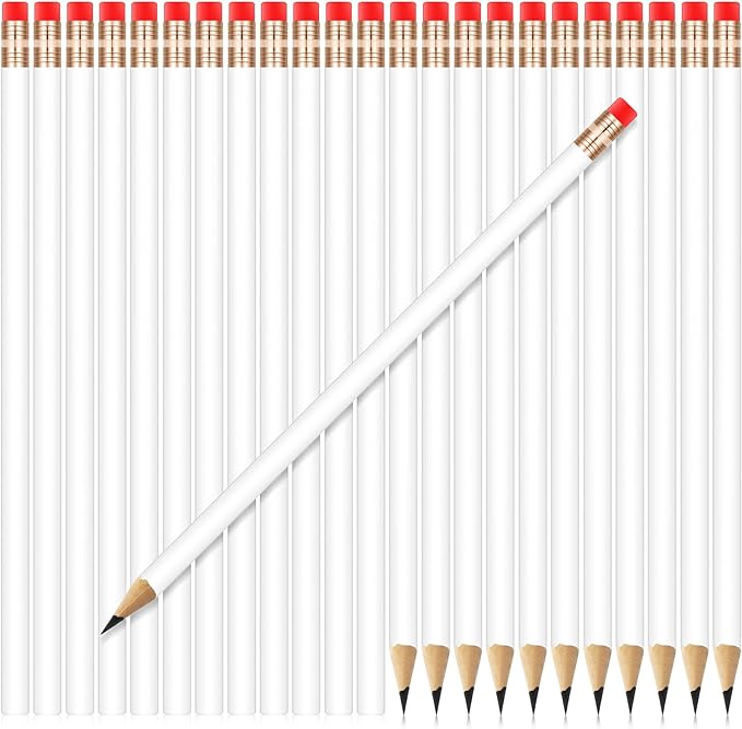 Outus 24 Pieces Round Pencils Cute HB Graphite Wood Pencils Pack with Eraser for School Drawing Sketching Wedding Office Supplies (White)