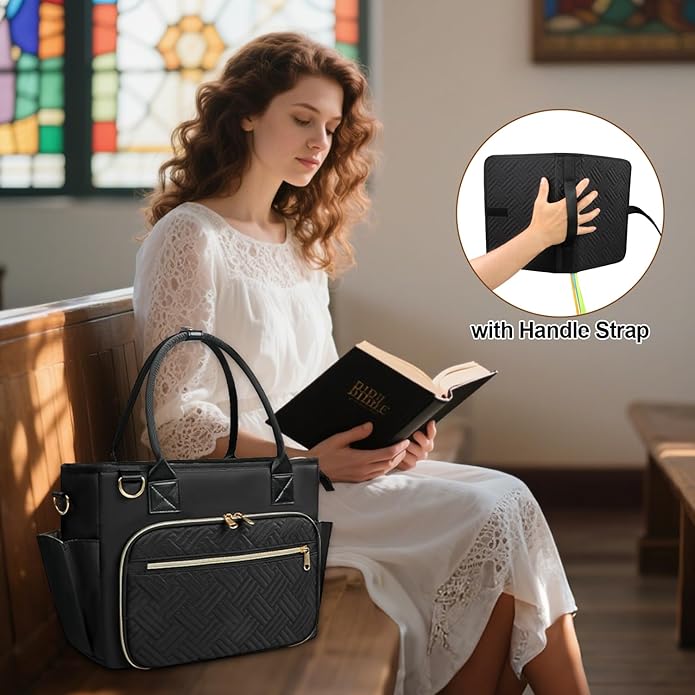 Veirdro Large Bible Tote Bag with Bible Cover Case for Women, Portable Church Bag with 13 Inch Laptop Compartment& 14 Pen Slots, Quilted Bible Purse with Shoulder Strap for Bible Study Supplies, Black