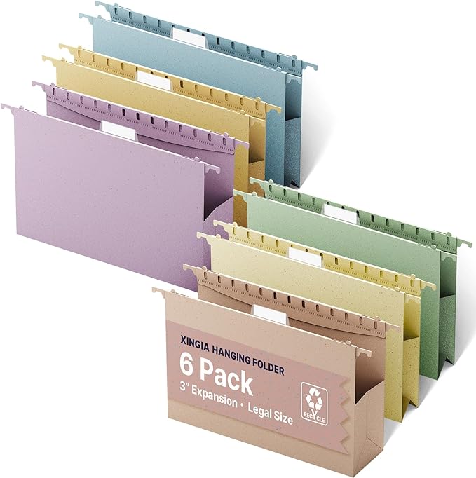 XINGIA Legal Size Hanging File Folders with Tabs,Extra Capacity 3" Expandable Plastic Hanging Files Folders for Bulky Files,6 Pack Wheat Straw Filing Cabinet Folders for Office School,Assorted Colors