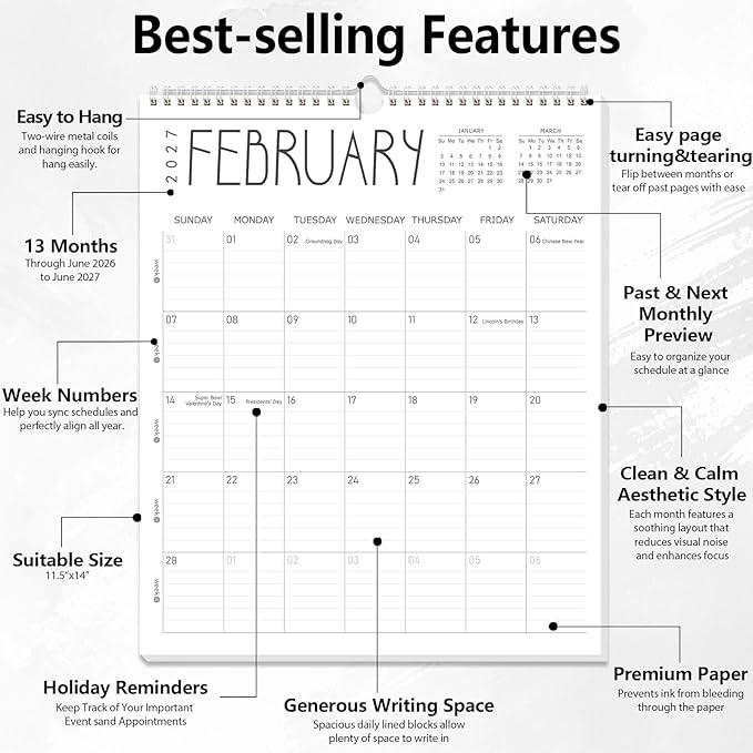 Guasslee Wall Calendar 2026-2027, 14"x11.5" Vertical Wall Calendar 2026, 13-Month Desk/Wall Calendar From 2026 Jun - 2027 Jun, Monthly Hanging Planner Spiral Bound For School Home Office Organizing
