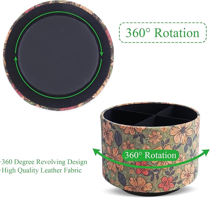 Round Leather Art Supply Organizer,Remote Control Holder,360 Degree Spinning,Multi-Functional Pencil Holder,4 Compartments Desktop Stationary Organizer(1-Wood Leather Green)
