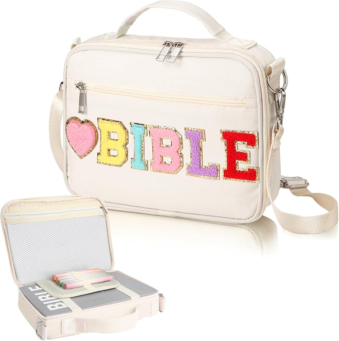 Silkfly White Bible Cover Case Preppy Large Chenille Letter Church Bag with Shoulder Strap Handle Back to School Gifts Waterproof Christian Tote Bag for Women Teacher Bible Accessories