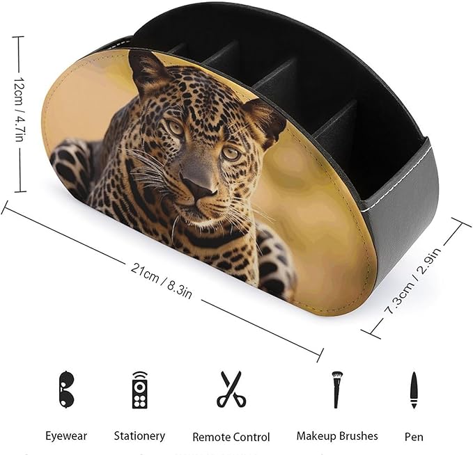 Leather Remote Control Holder with 5 Compartments TV Remote Caddy Storage Box Tray Africa Nature Leopard Desktop Organizer Makeup Brush Holder Store Glasses Brush Pen Office Supplies