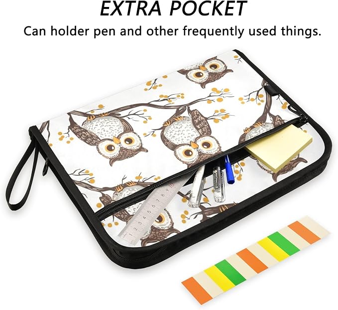 Branch Owl File Folders, Plastic Folders with 13 Pockets, Expandable File Folder for Documents School Students Office, Aesthetic Folder with Labels A4 Letter Size