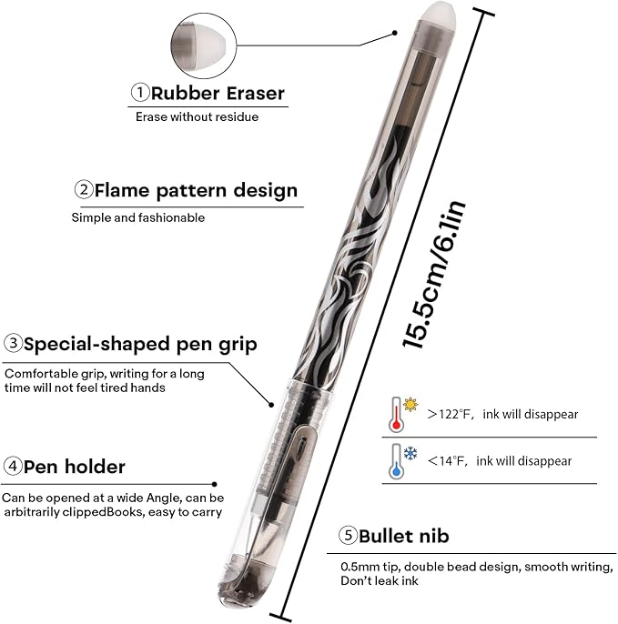 RIANCY 8 Pack Black Ink Erasable Gel Pens, 0.5mm Fine Point, Flame Patterned Barrel, Comfortable Grip, with Eraser, Ideal for Journaling, School Work, Office Tasks, Note Taking, DIY Projects