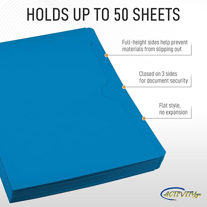 Blue File Jackets, Flat-No Expansion, Letter Size, Reinforced Straight-Cut Tab, 10 Pack