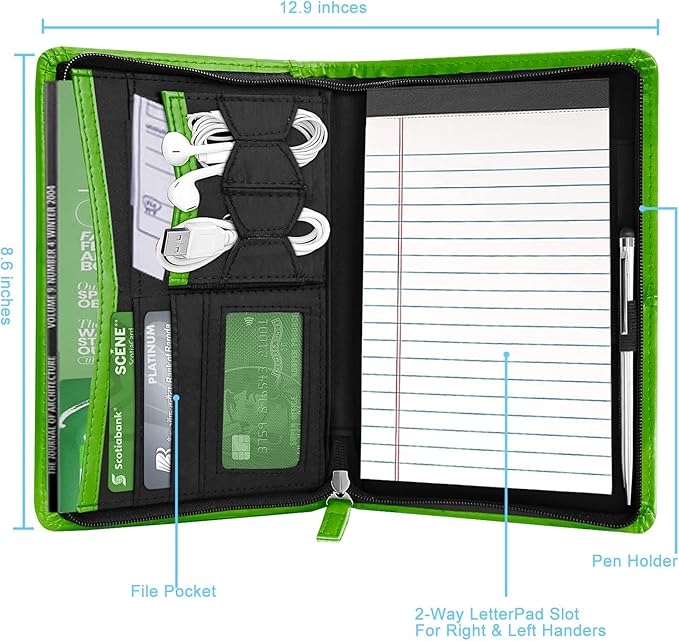 Junior Padfolio Portfolio with 5 x 8 Writing Pad, A5 Business Portfolio Binder Folder Organizer Multi-Function Combination Case for Men Women,Green