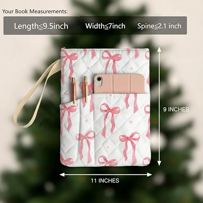 Gilprop Bible Book Sleeve with Zipper 11" x 9" Padded Protector Washable Quilted Book Covers Pink Bow Printed Bible Pouch with Handle Pockets Protector for Books Lover Christian Gifts